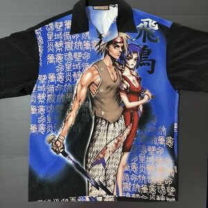 Vintage Veezo Shirt Mens Large Blue Anime Graphic Short Sleeve Button Up AOP Y2K